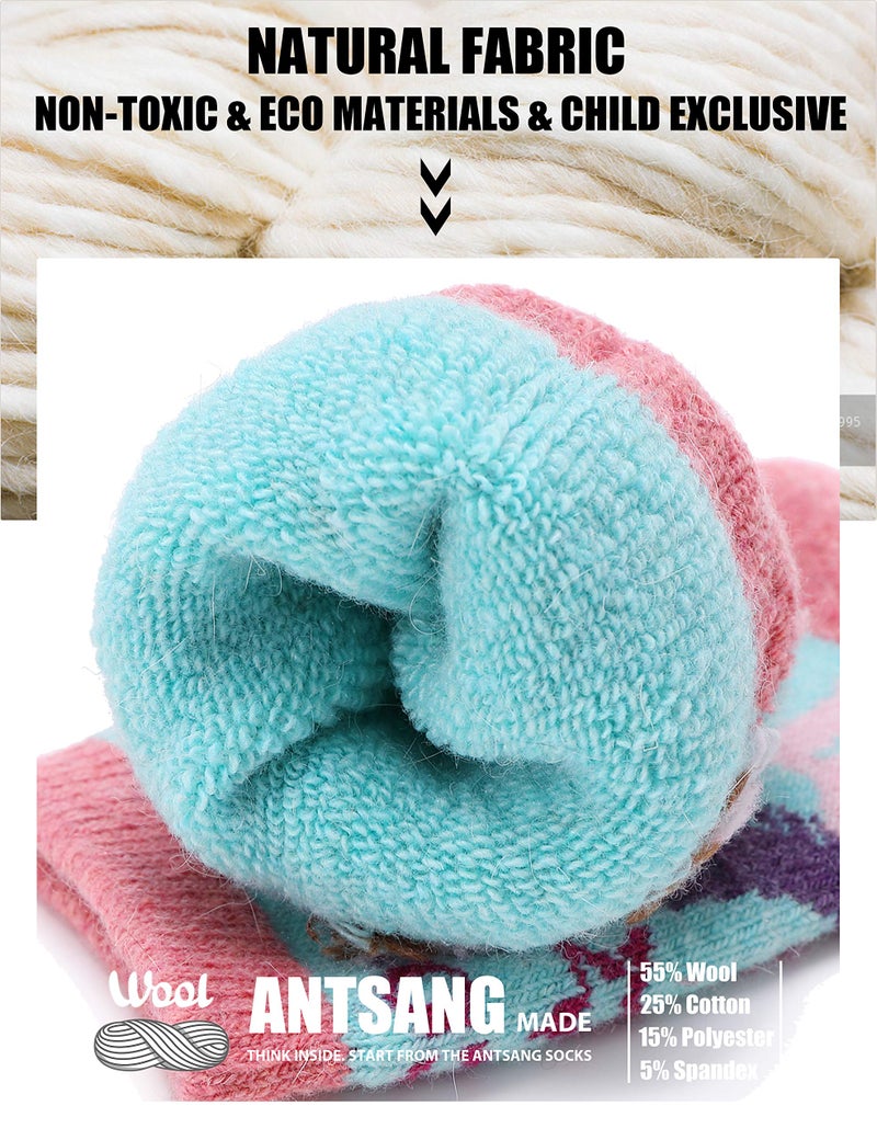 ANTSANG Kids Merino Wool Hiking Socks Toddlers Boys Girls Winter Warm Thick Thermal Crew Boot Heavy Cozy Snow Cabin Gift Snowboarding Socks 6 Pairs for Childs(Unicorn,8-12Y) - Image 2